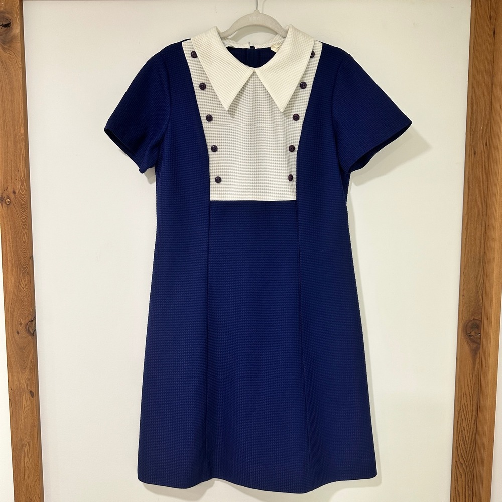 Vintage 60s 70s Mod Mini Dress Sears Navy White Bib Collar Union Made USA M